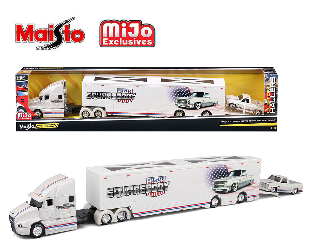 Maisto 1:64 Mijo Exclusives Mack Anthem & 1987 Chevrolet 1500 Pick-Up Truck – SQUAREBODY USA – Design Transporters
