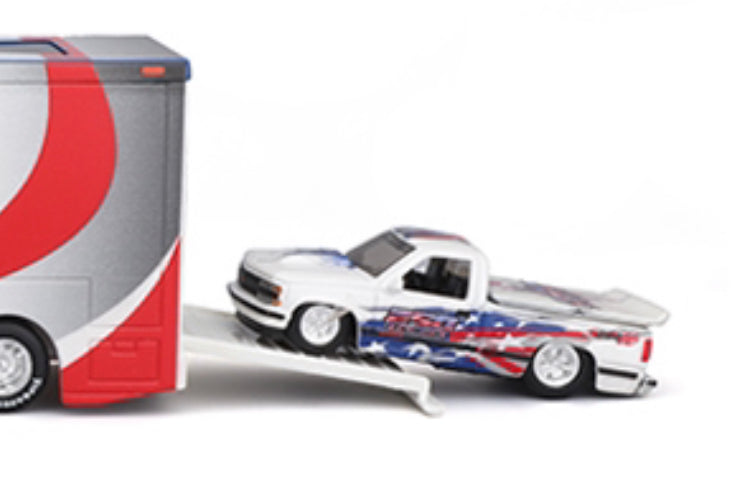 Maisto 1:64 Mijo Exclusives Mack Anthem & 1993 Chevrolet 454 SS Pick-Up Truck – America 250th Year – Design Transporters
