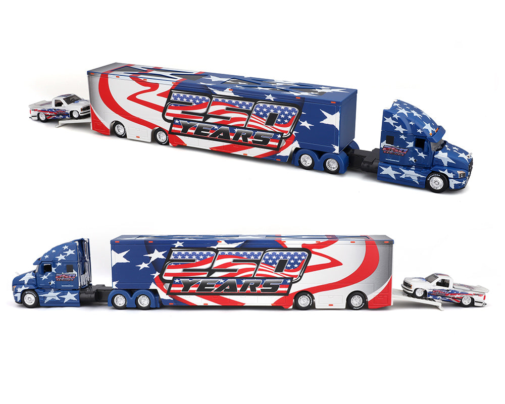 Maisto 1:64 Mijo Exclusives Mack Anthem & 1993 Chevrolet 454 SS Pick-Up Truck – America 250th Year – Design Transporters