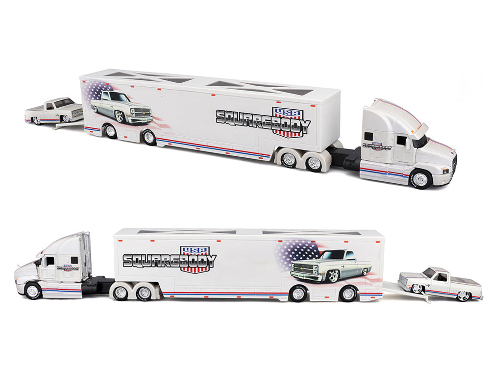 Maisto 1:64 Mijo Exclusives Mack Anthem & 1987 Chevrolet 1500 Pick-Up Truck – SQUAREBODY USA – Design Transporters