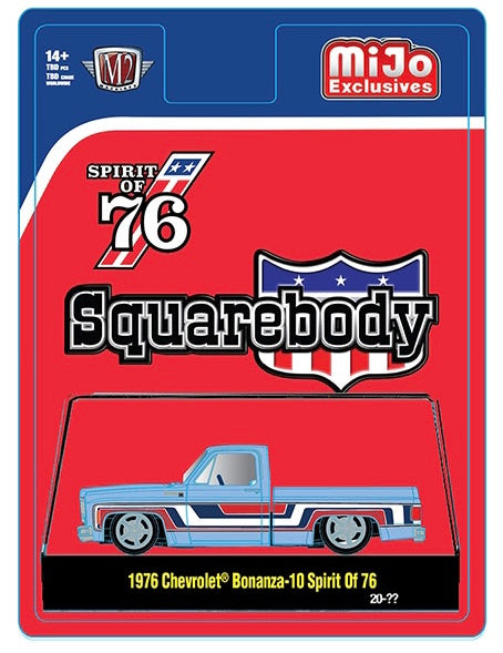 Preorder) M2 Machines 1:64 1976 Chevrolet Silverado Bonanza-10 SPIRIT OF 76 Squarebody USA Special Edition – Blue – MiJo Exclusives